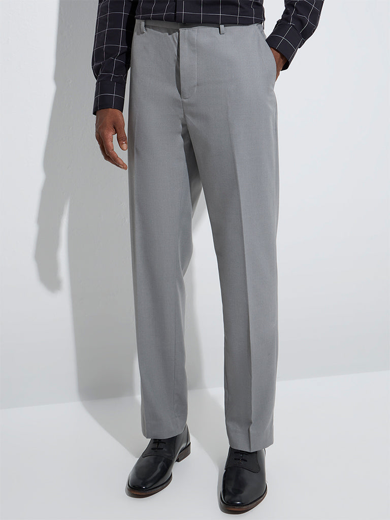 westisde WES Formals Men's Grey Relaxed-Fit Mid-Rise Trousers for Work Wear Front View