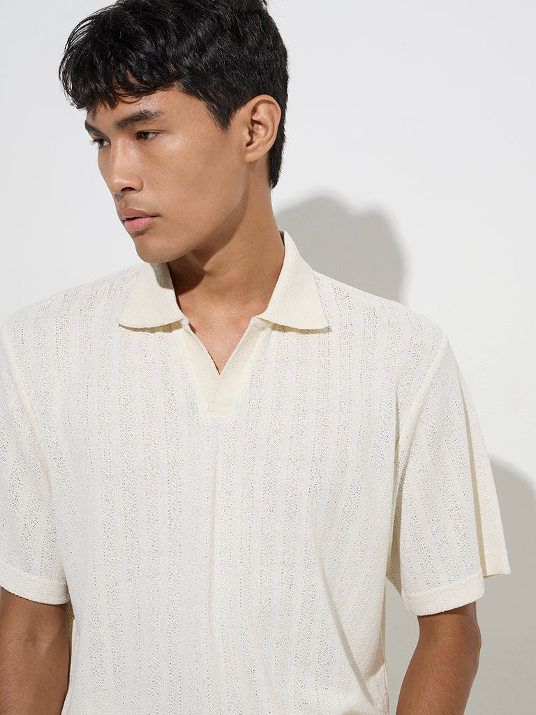 westisde ETA Men's Off-White Self-Striped Knitted Relaxed-Fit T-Shirt for Casual Wear Zoom View