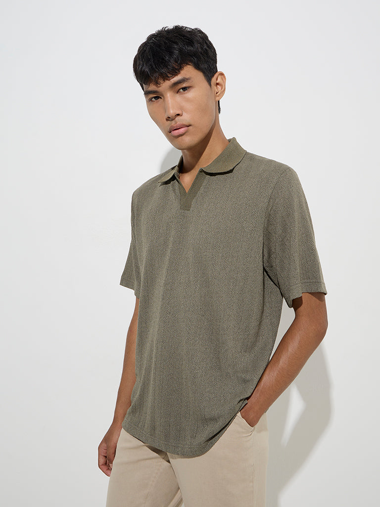 Westside ETA Men's Sage Self-Striped Knitted Relaxed-Fit Polo T-Shirt for Casual Wear Front View