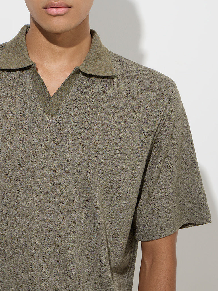 Westside ETA Men's Sage Self-Striped Knitted Relaxed-Fit Polo T-Shirt for Casual Wear Zoom View