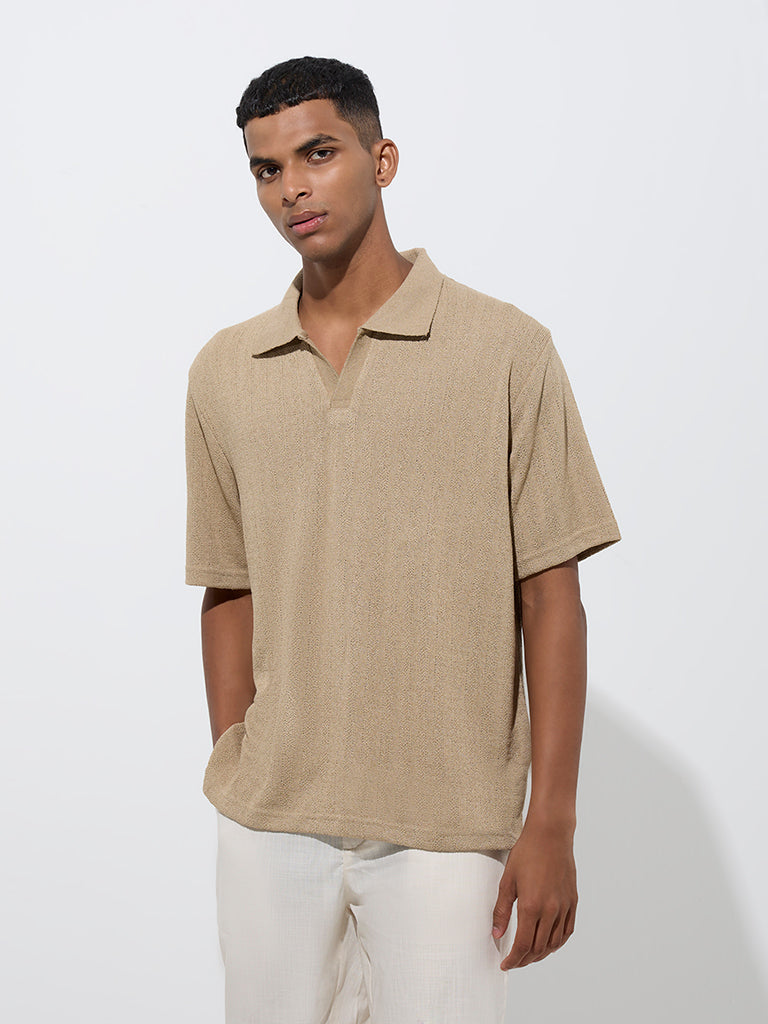 Westside ETA Men's Taupe Knit-Textured Relaxed-Fit Polo T-Shirt for Casual Wear Front View