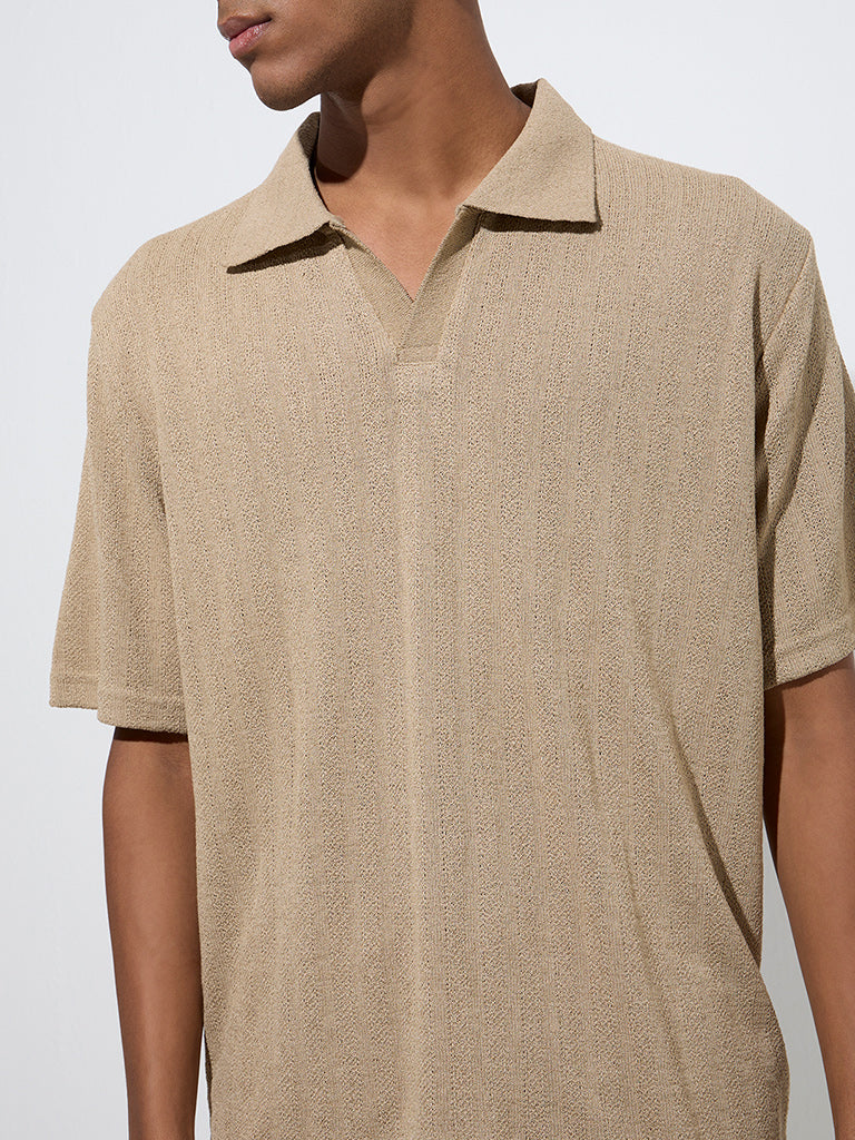 Westside ETA Men's Taupe Knit-Textured Relaxed-Fit Polo T-Shirt for Casual Wear Zoom View