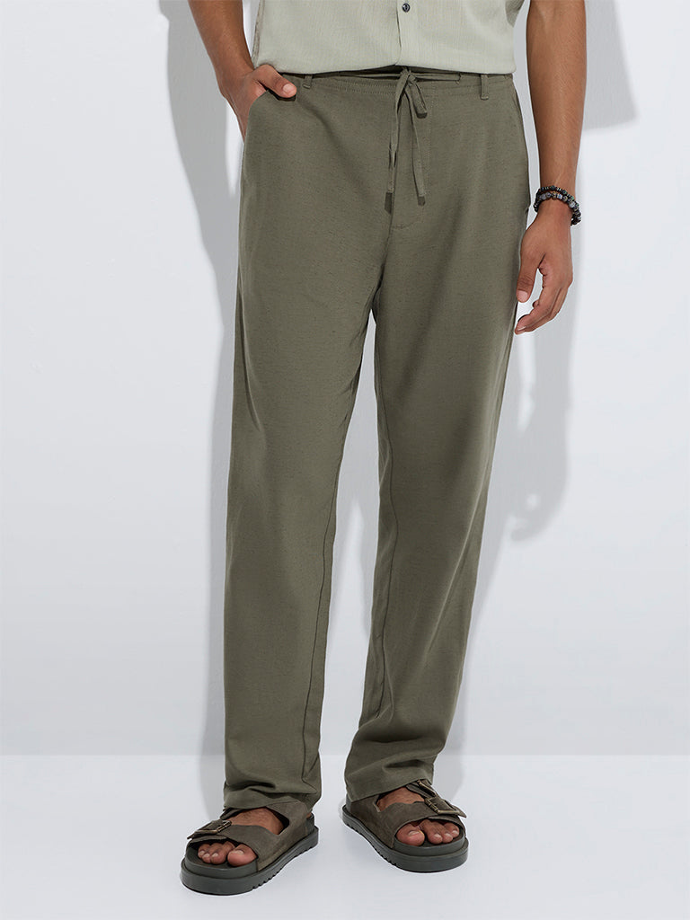 westisde ETA Men's Olive Relaxed-Fit Mid-Rise Cotton-Blend Chinos for Casual Wear Front View