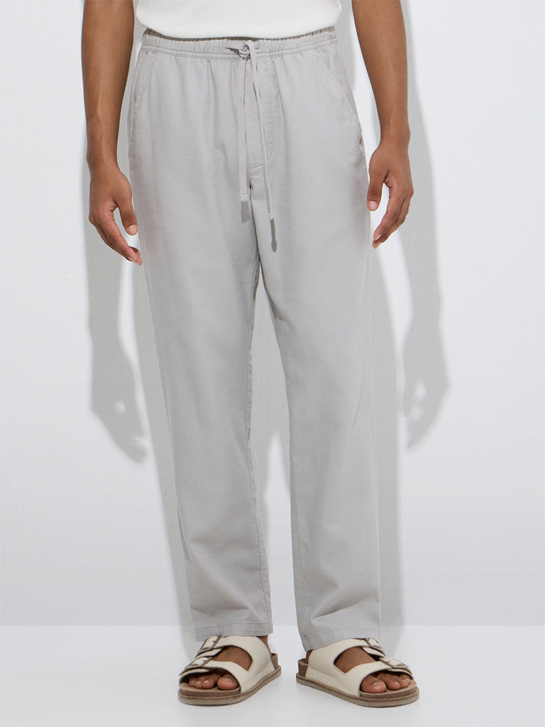 Westside ETA Men's Grey Relaxed-Fit Mid-Rise Cotton Chinos for Casual Wear Front View