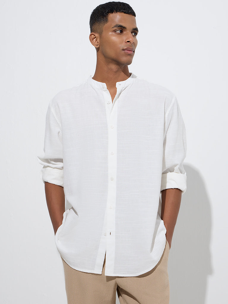 Westside ETA Men's White Solid Relaxed-Fit Cotton-Blend Shirt for Casual Wear Front View