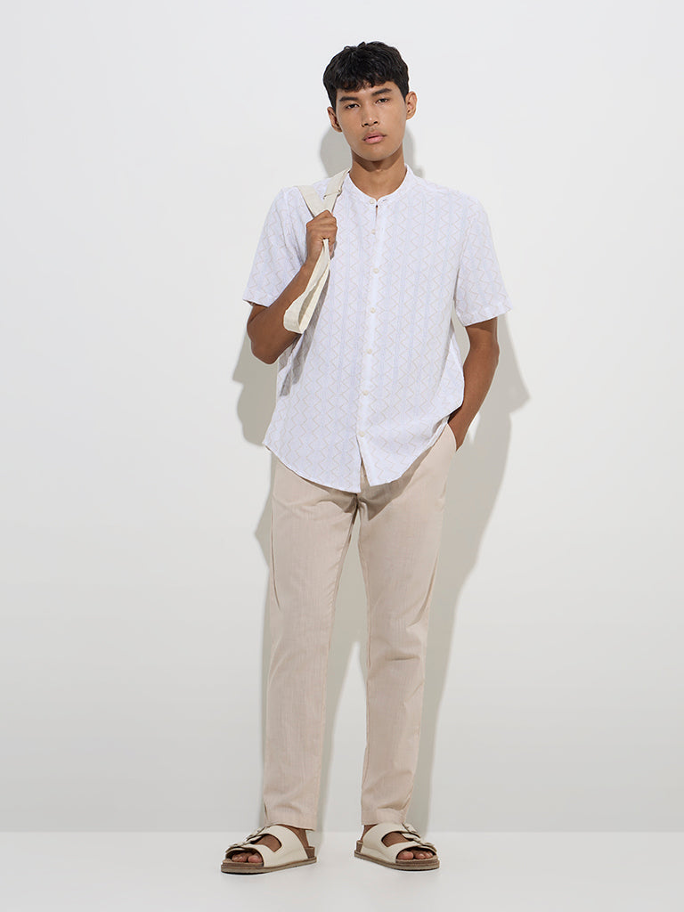 westisde ETA Men's White Geometric Design Relaxed-Fit Shirt for Casual Wear Full Model View