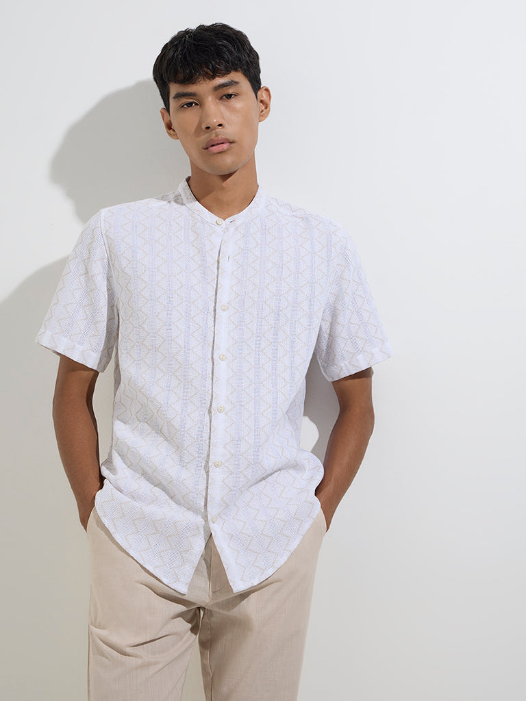 westisde ETA Men's White Geometric Design Relaxed-Fit Shirt for Casual Wear Front View