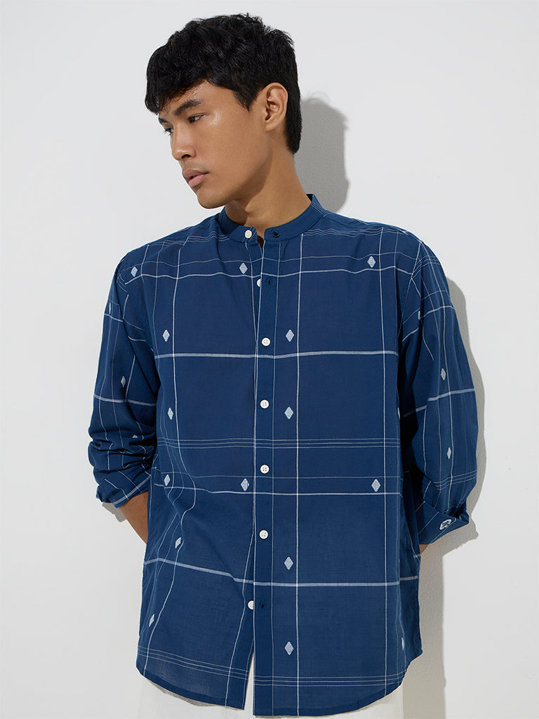 westisde ETA Men's Indigo Geometric Printed Resort-Fit Cotton Shirt for Casual Wear Front View
