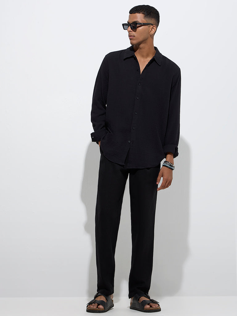 Westside ETA Men's Black Crinkle-Textured Relaxed-Fit Cotton Shirt for Casual Wear Full Model View