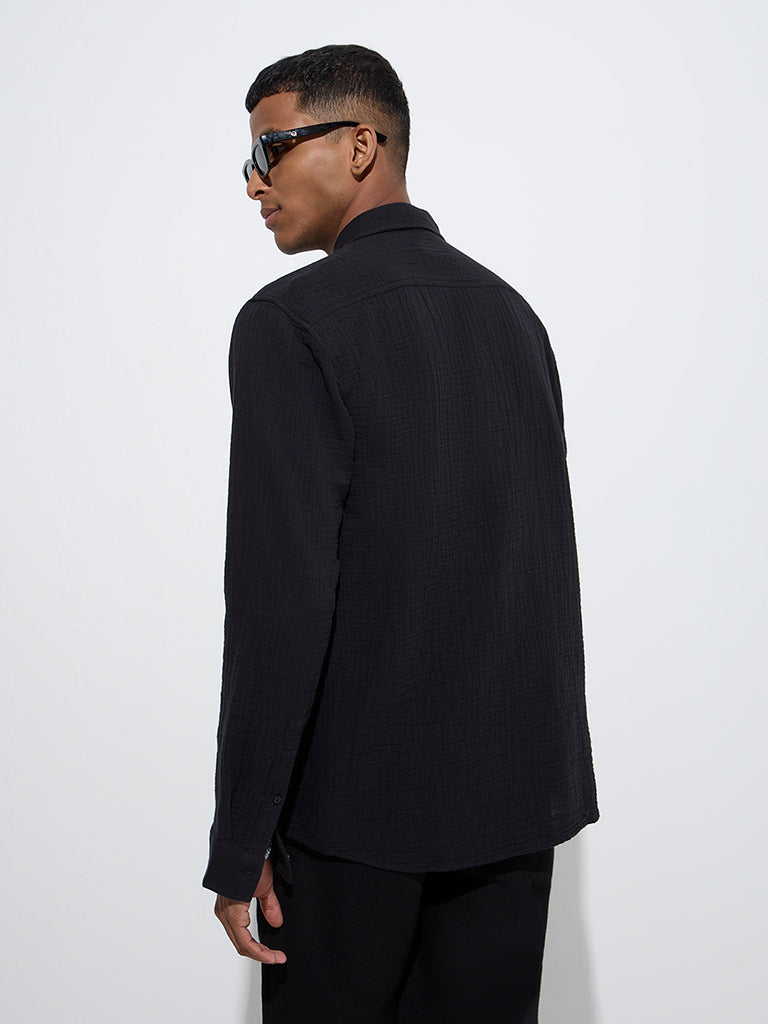 Westside ETA Men's Black Crinkle-Textured Relaxed-Fit Cotton Shirt for Casual Wear Back View