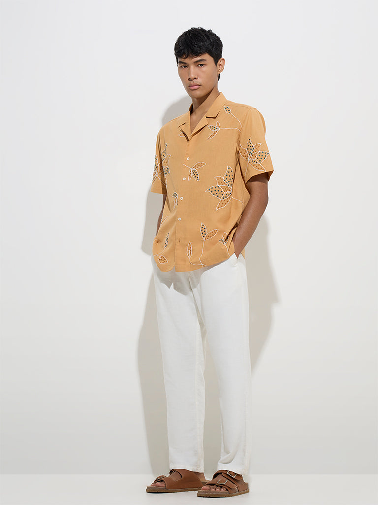 westisde ETA Men's Orange Floral Design Relaxed-Fit Cotton Shirt for Casual Wear Full Model View