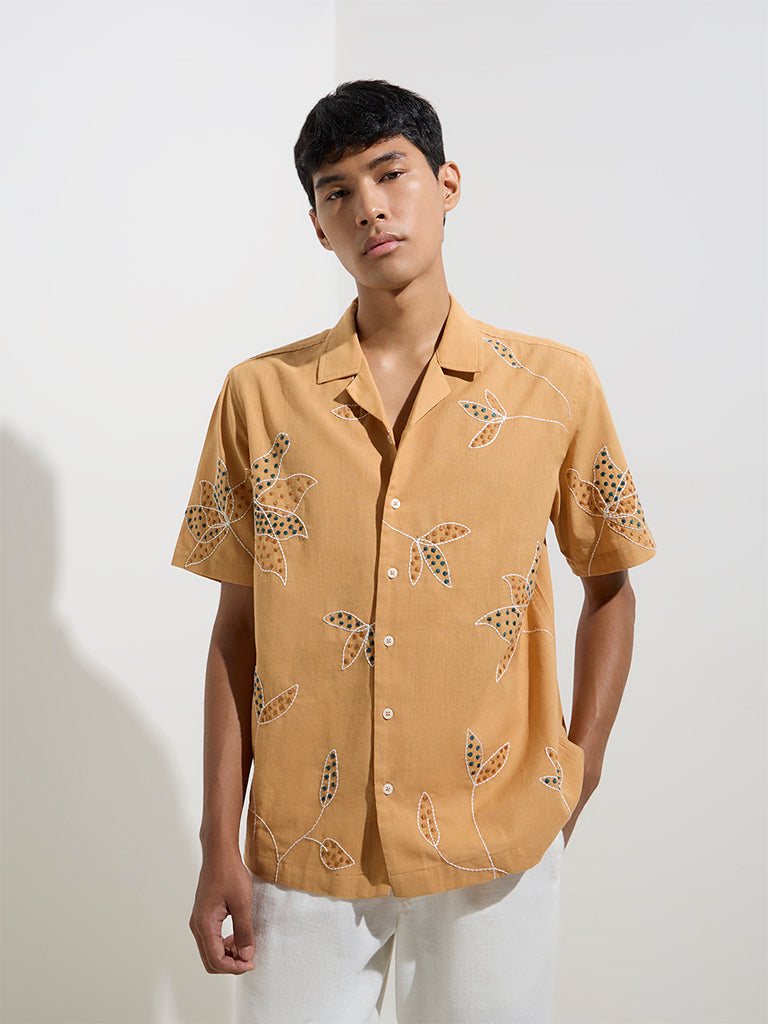 westisde ETA Men's Orange Floral Design Relaxed-Fit Cotton Shirt for Casual Wear Front View