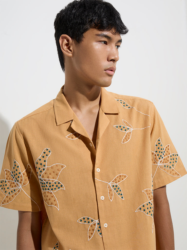 westisde ETA Men's Orange Floral Design Relaxed-Fit Cotton Shirt for Casual Wear Zoom View