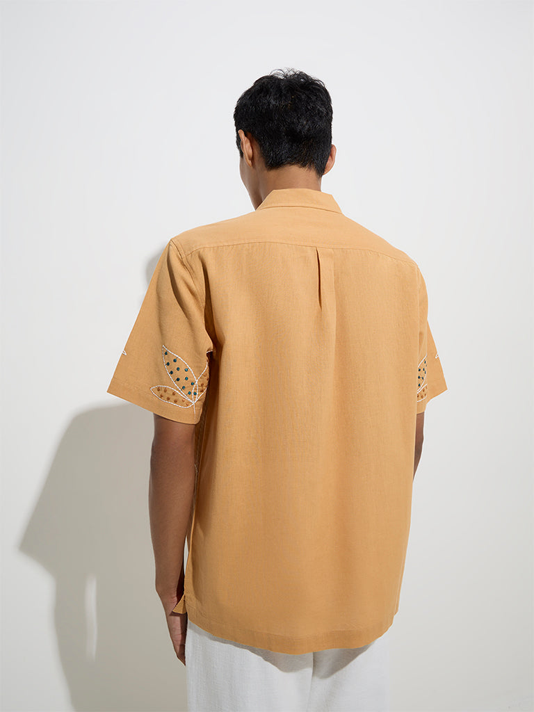 westisde ETA Men's Orange Floral Design Relaxed-Fit Cotton Shirt for Casual Wear Back View