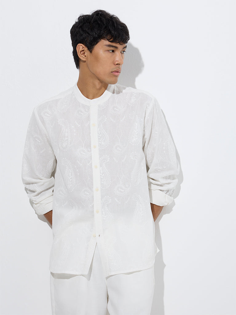 Westside ETA Men's White Paisley Embroidered Relaxed-Fit Cotton Shirt for Casual Wear Front View