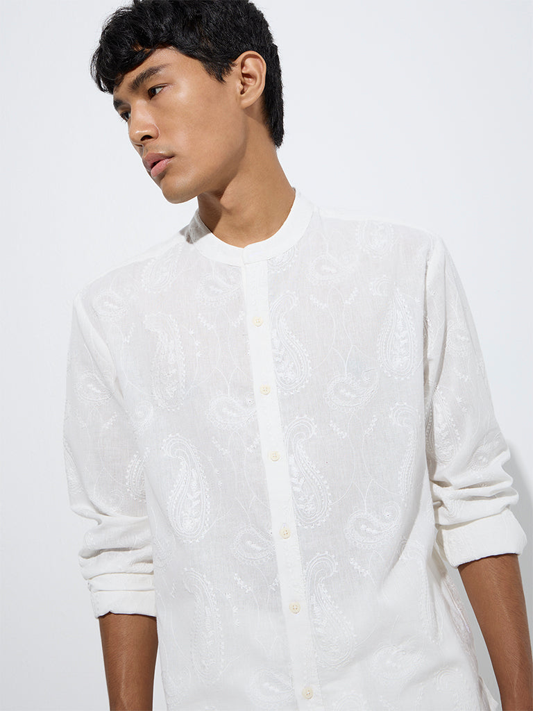 Westside ETA Men's White Paisley Embroidered Relaxed-Fit Cotton Shirt for Casual Wear Zoom View