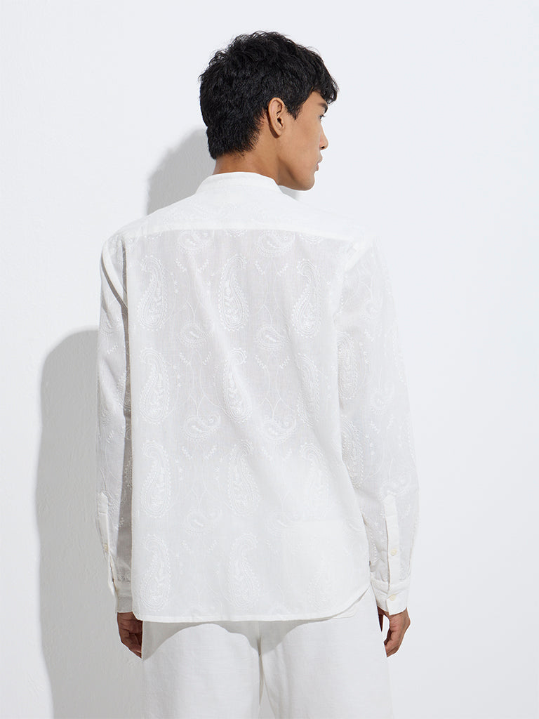 Westside ETA Men's White Paisley Embroidered Relaxed-Fit Cotton Shirt for Casual Wear Back View