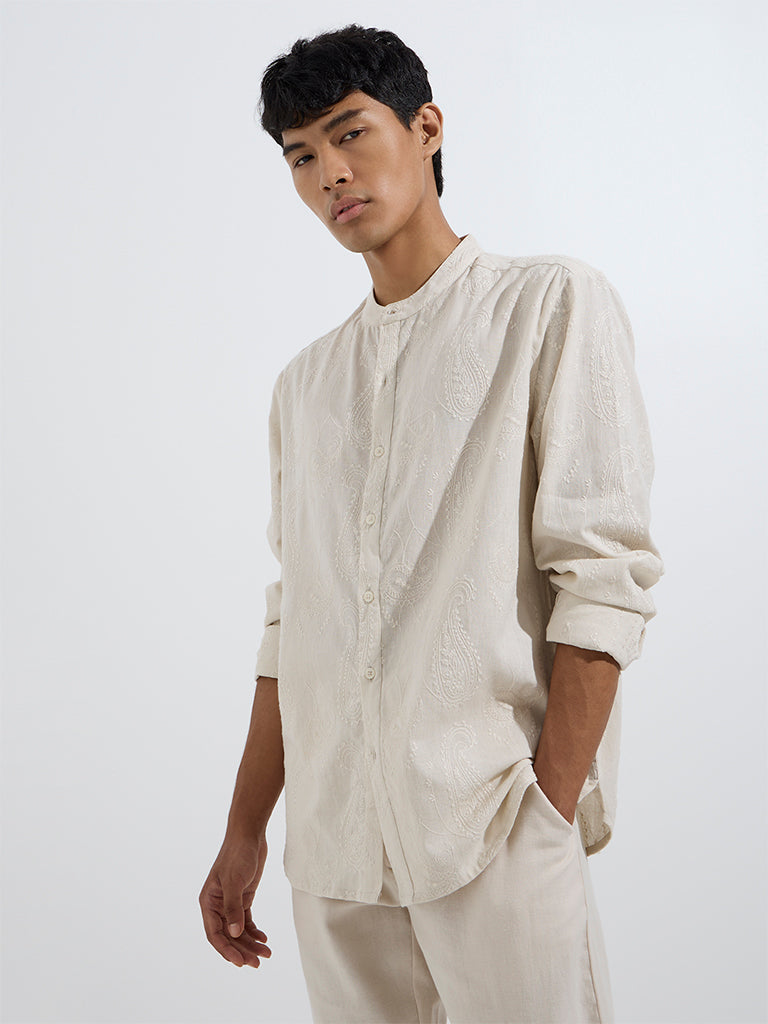 Westside ETA Men's Beige Paisley Design Relaxed-Fit Cotton Shirt for Casual Wear Front View