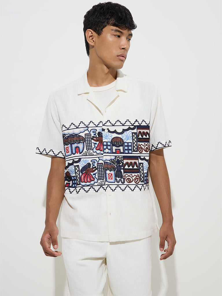 ETA White Embroidered Relaxed-Fit Cotton Shirt