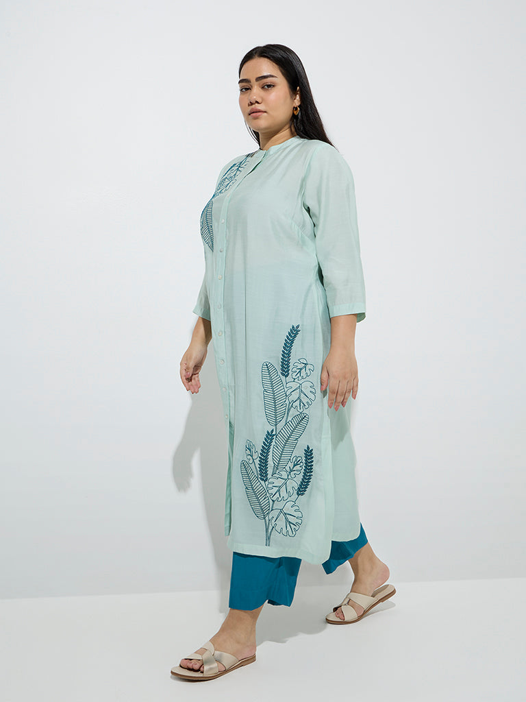 Westside Diza Women's Aqua Botanical Printed A-Line Kurta for Work Wear Full Model View