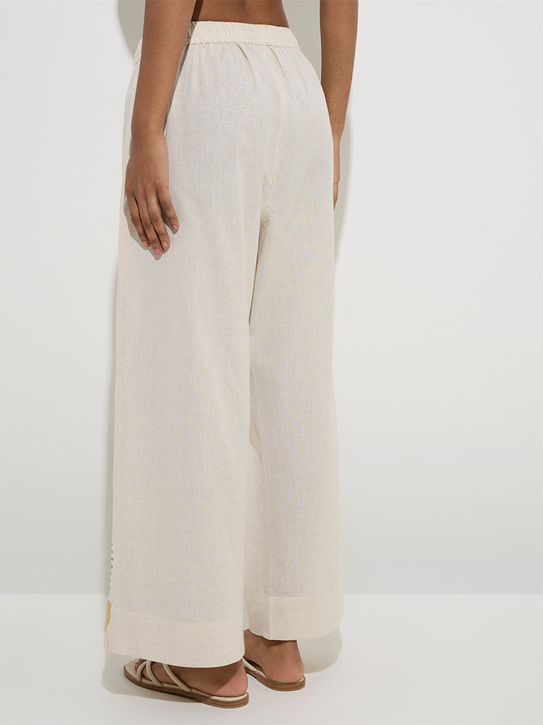 Utsa Off-White Geometric Design Cotton-Blend Palazzos