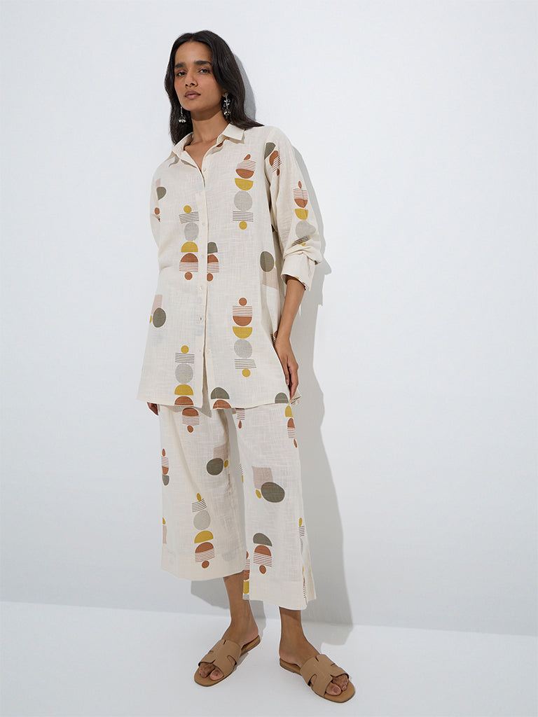 westisde Utsa Women's Light Beige Geometric Printed Cotton Ethnic Pants for Everyday Full Model View