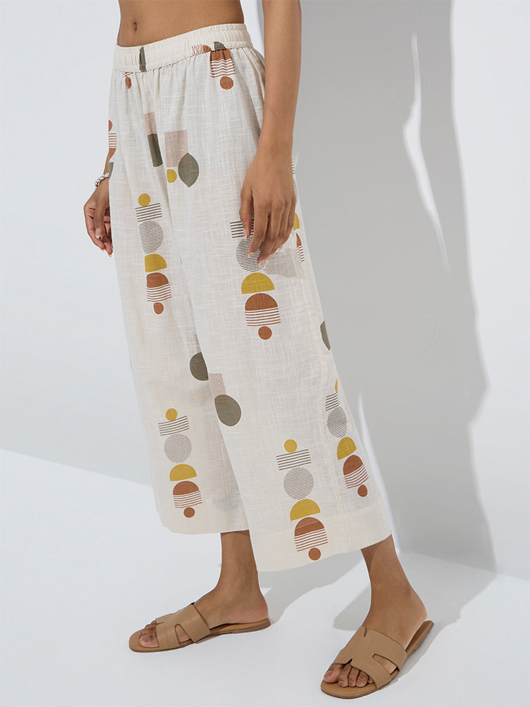westisde Utsa Women's Light Beige Geometric Printed Cotton Ethnic Pants for Everyday Front View