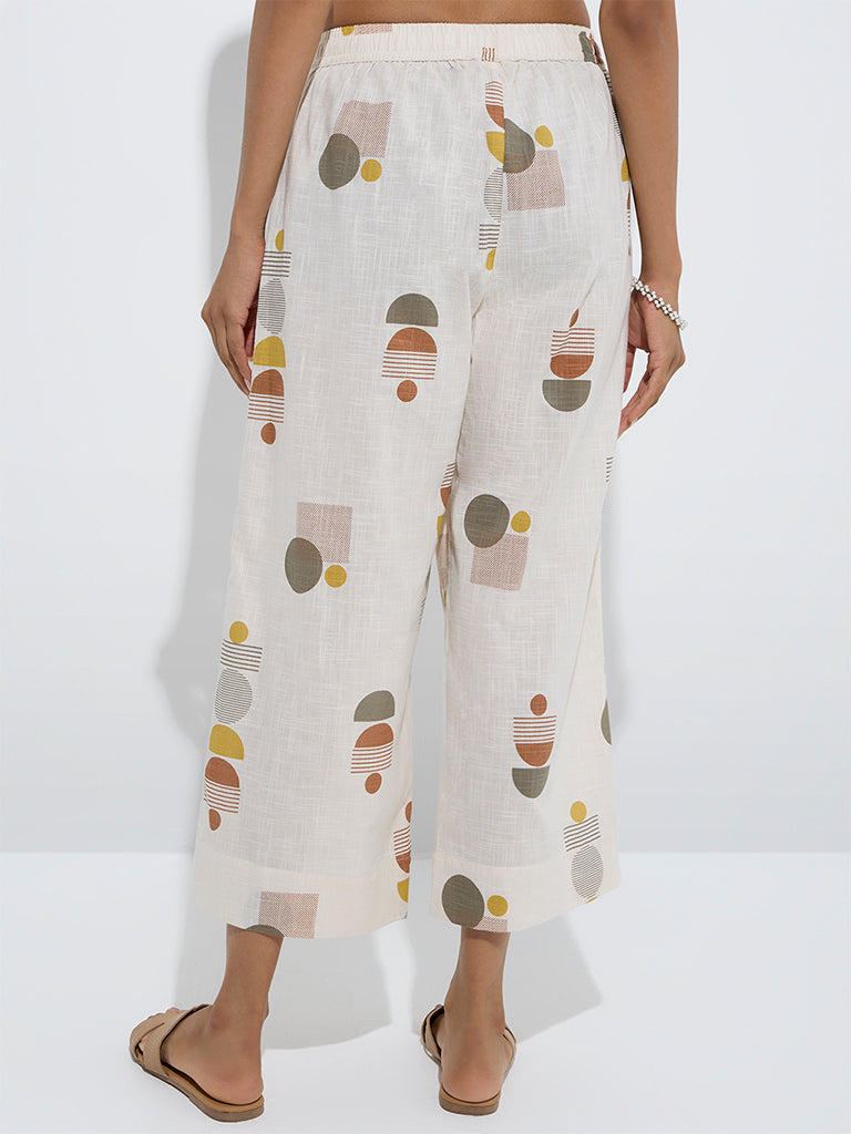 westisde Utsa Women's Light Beige Geometric Printed Cotton Ethnic Pants for Everyday Back View