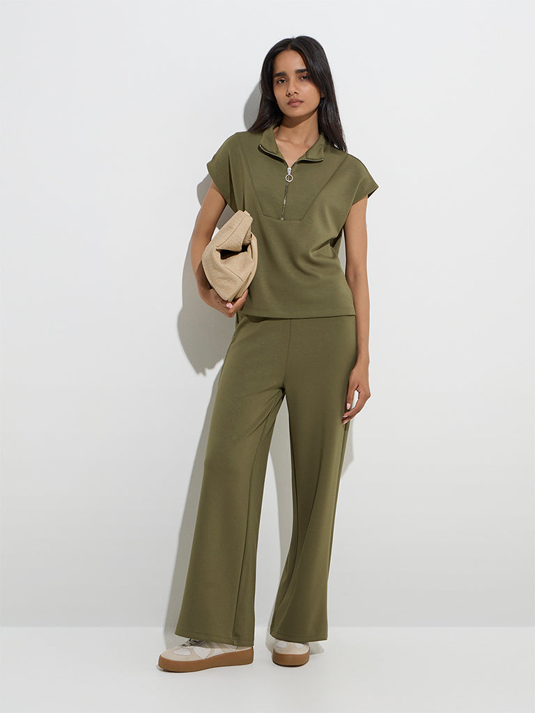 LOV Olive Solid Quarter Zip Top