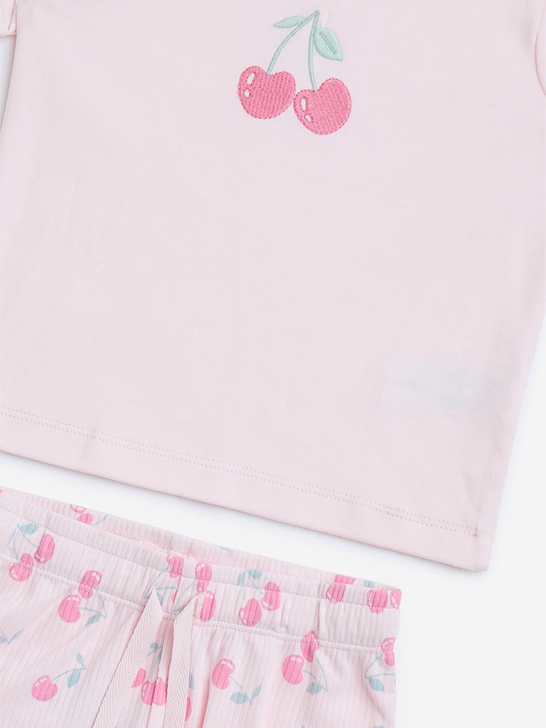 Westside HOP Baby Girls' Pink Cherry Printed Cotton T-Shirt and Shorts Set for Casual Wear Zoom View