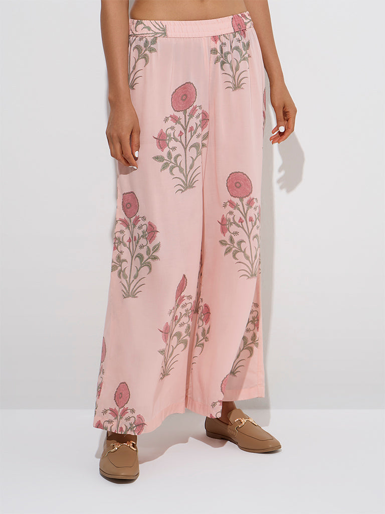Zuba Peach Floral Butta Printed Palazzos