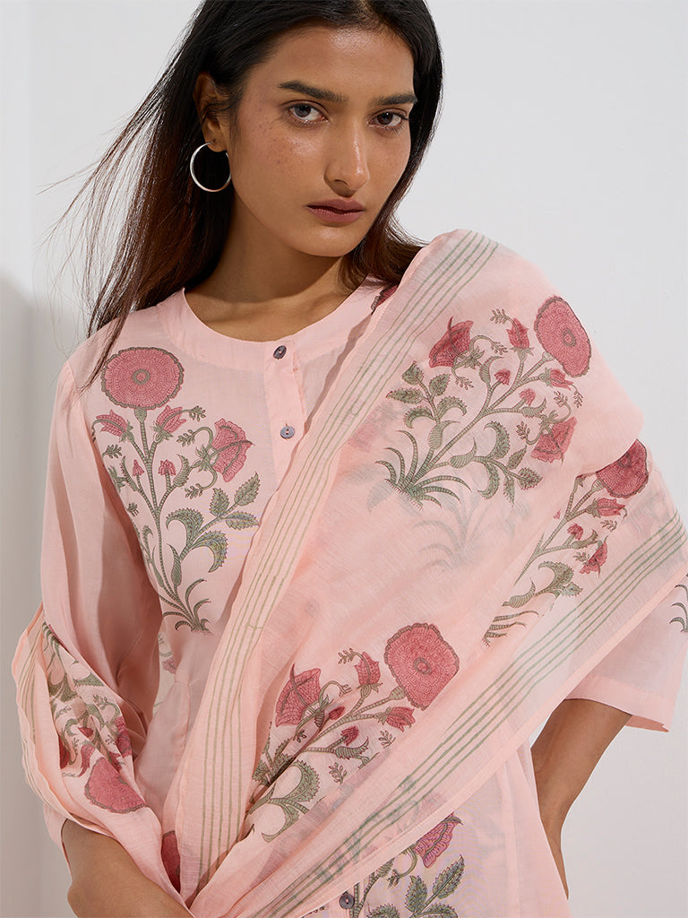 Zuba Peach Floral Butta Pattern Cotton-Blend Stole