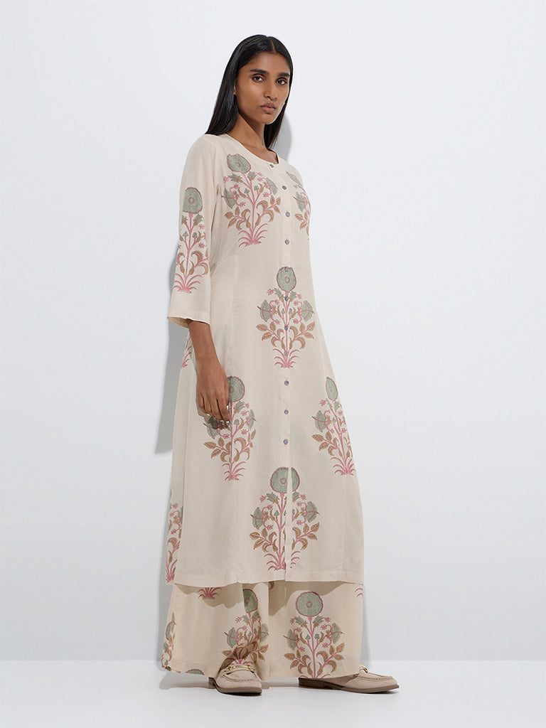 Zuba Off-White Floral Pattern A-Line Kurta