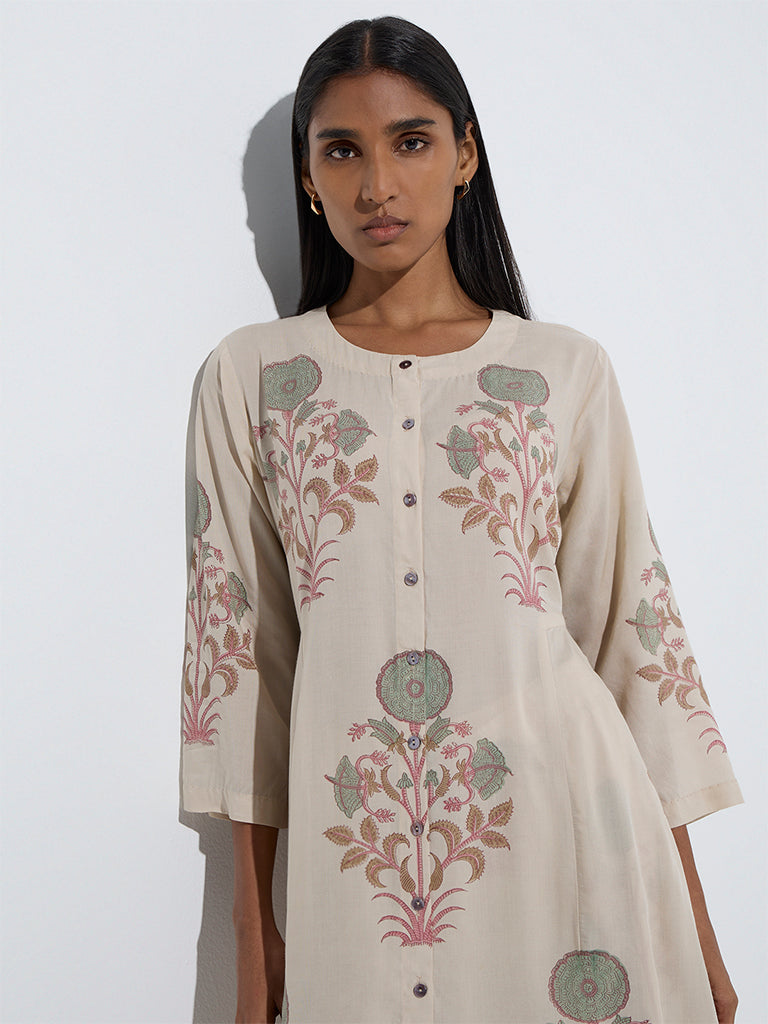Zuba Off-White Floral Pattern A-Line Kurta
