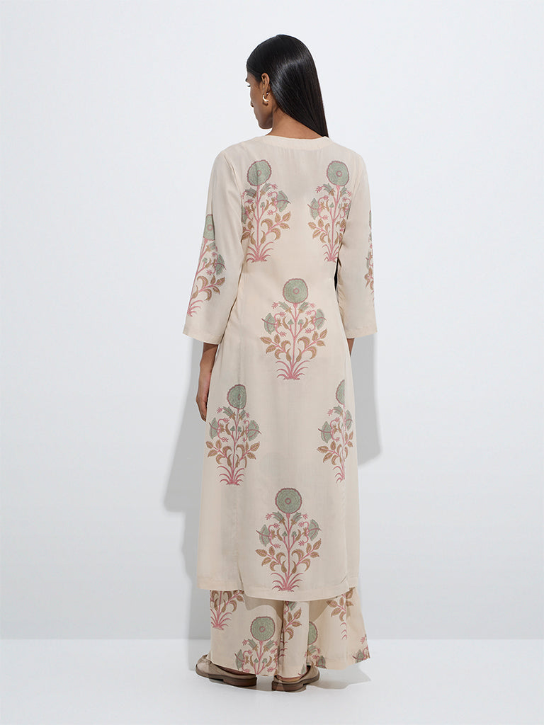 Zuba Off-White Floral Pattern A-Line Kurta