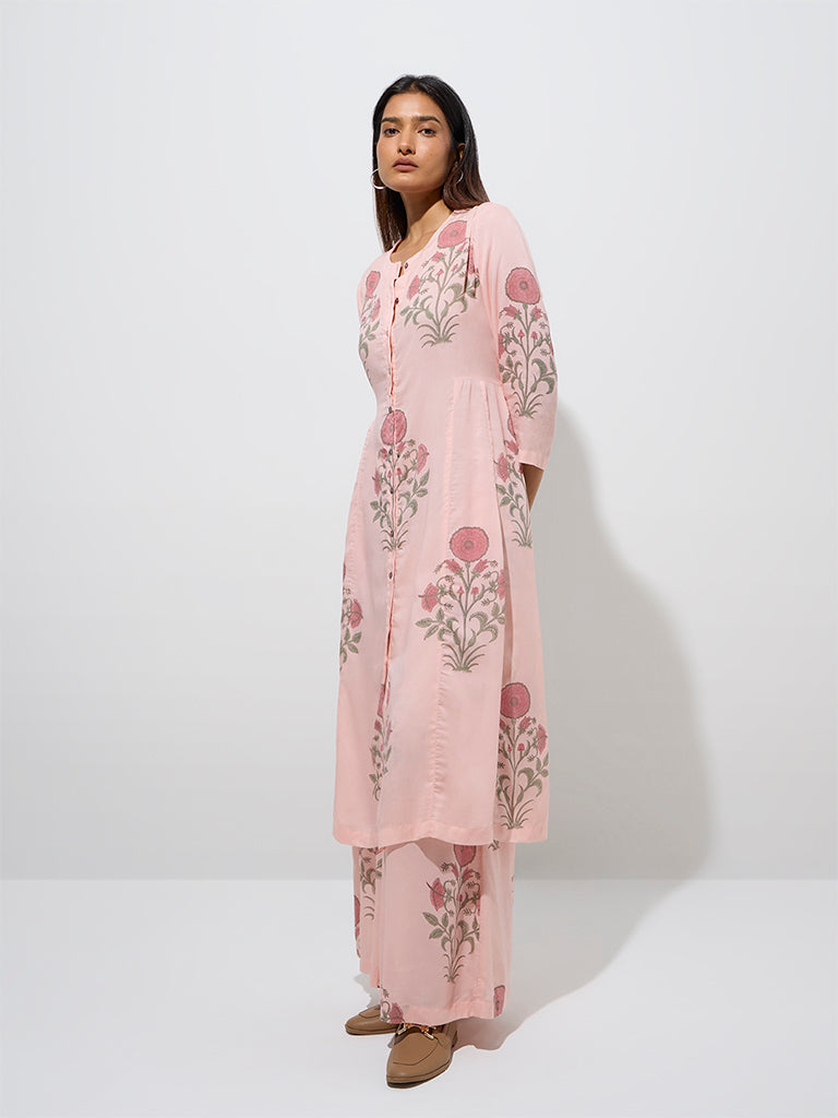 Zuba Peach Floral Buta Design A-Line Kurta