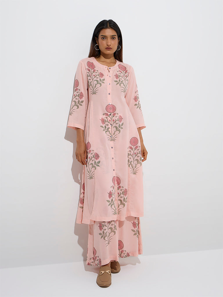 Zuba Peach Floral Buta Design A-Line Kurta