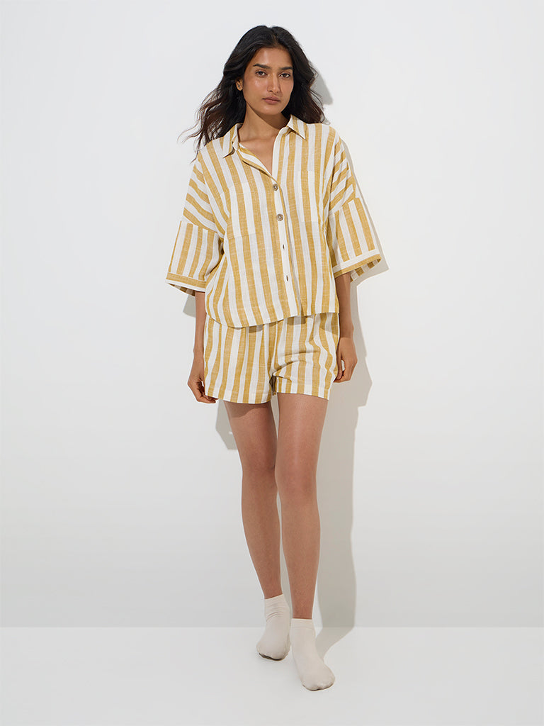 Wunderlove Mustard Striped Shirt with Shorts Set