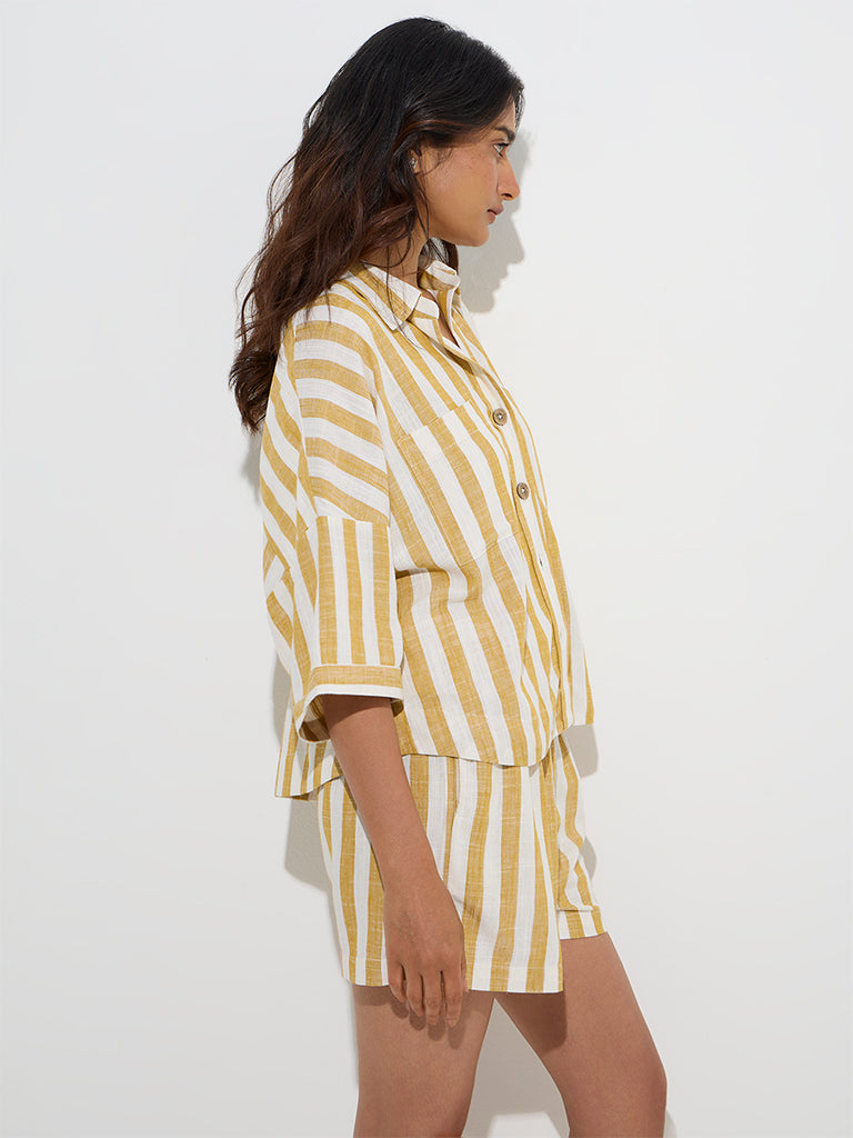 Wunderlove Mustard Striped Shirt with Shorts Set