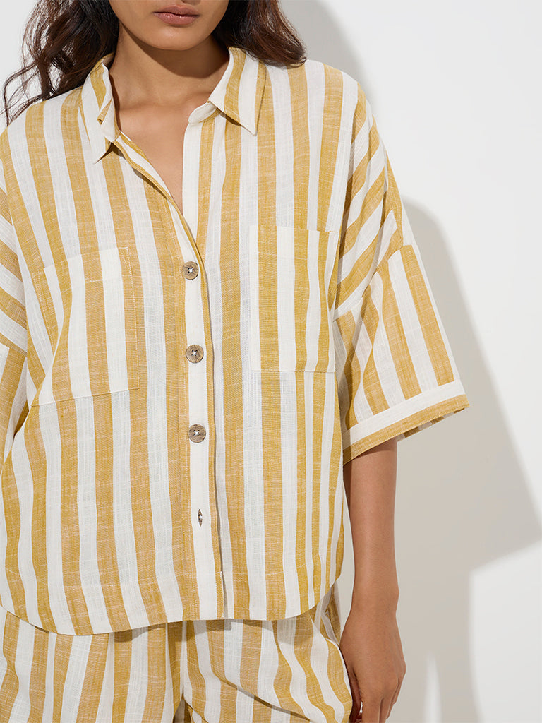 Wunderlove Mustard Striped Shirt with Shorts Set