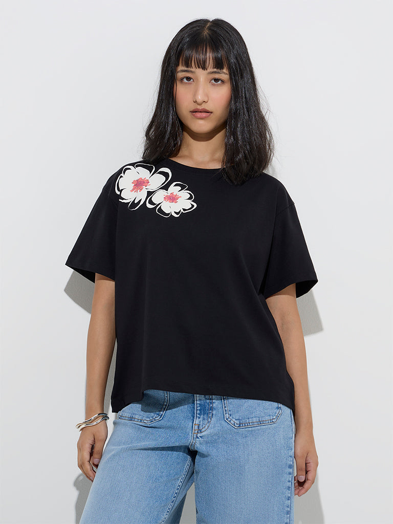 LOV Black Floral Printed Cotton T-Shirt