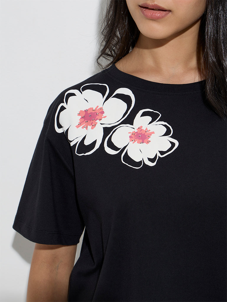 LOV Black Floral Printed Cotton T-Shirt
