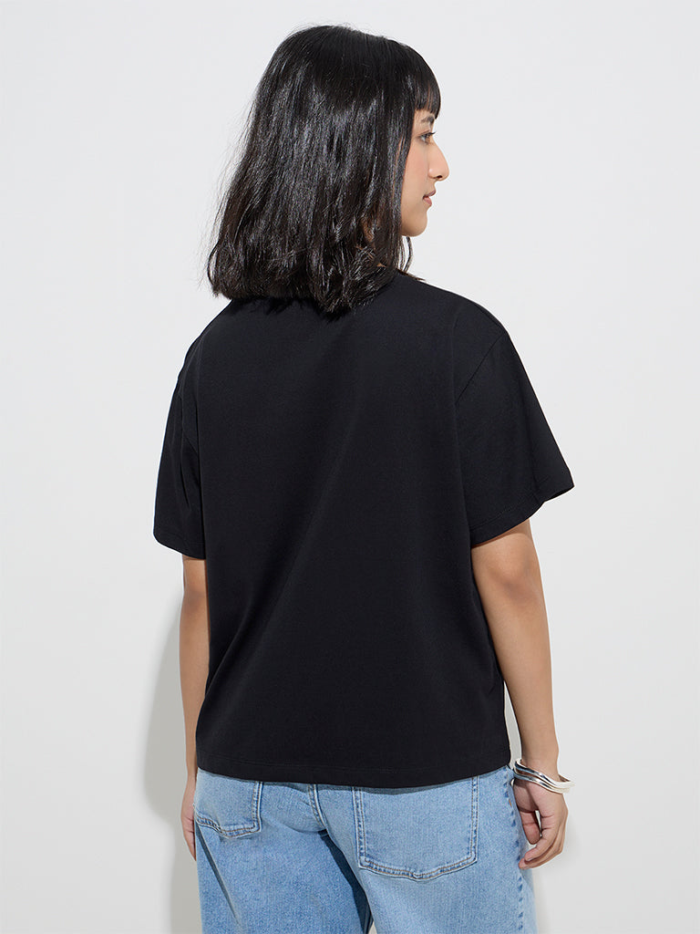 LOV Black Floral Printed Cotton T-Shirt