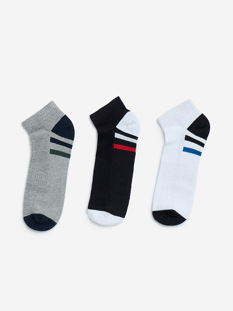 Westside WES Lounge Men's Navy Striped Cotton-Blend Trainer Socks - Pack of 3 for Casual Wear Color View