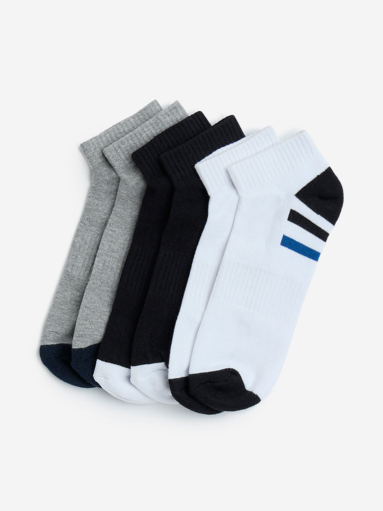 Westside WES Lounge Men's Navy Striped Cotton-Blend Trainer Socks - Pack of 3 for Casual Wear Pack View