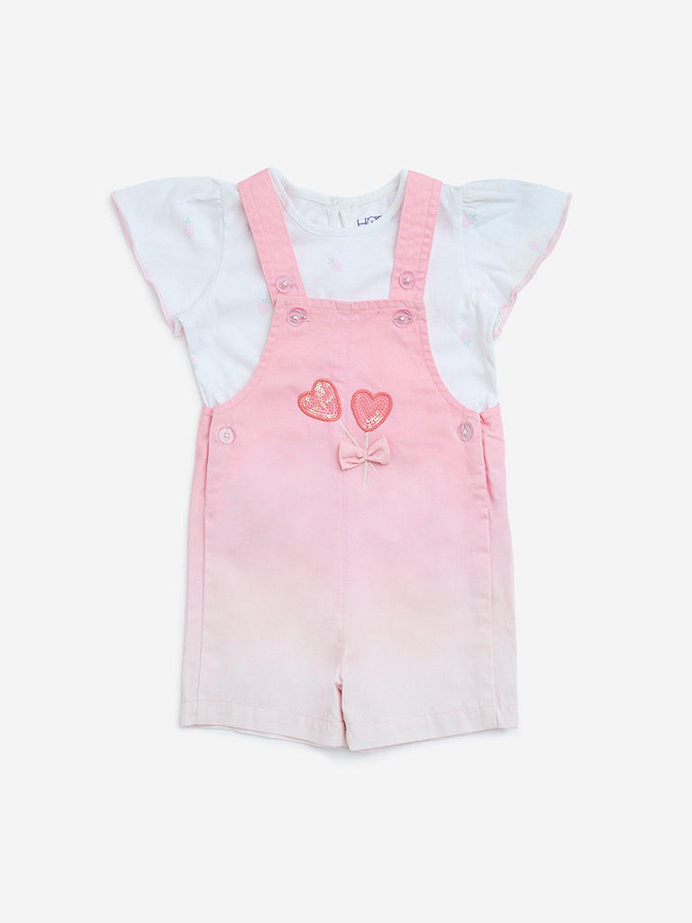 westisde HOP Baby Girls' Pink Ombre-Finish Cotton Dungaree with Top Set for Casual Wear Front View