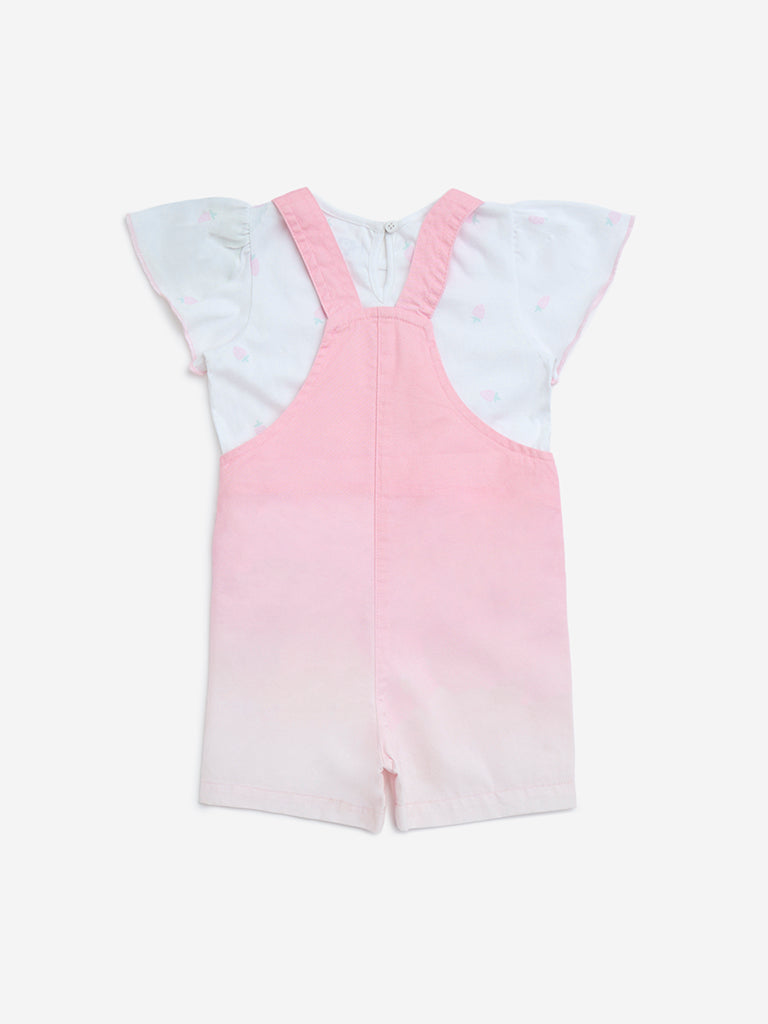 westisde HOP Baby Girls' Pink Ombre-Finish Cotton Dungaree with Top Set for Casual Wear Back View