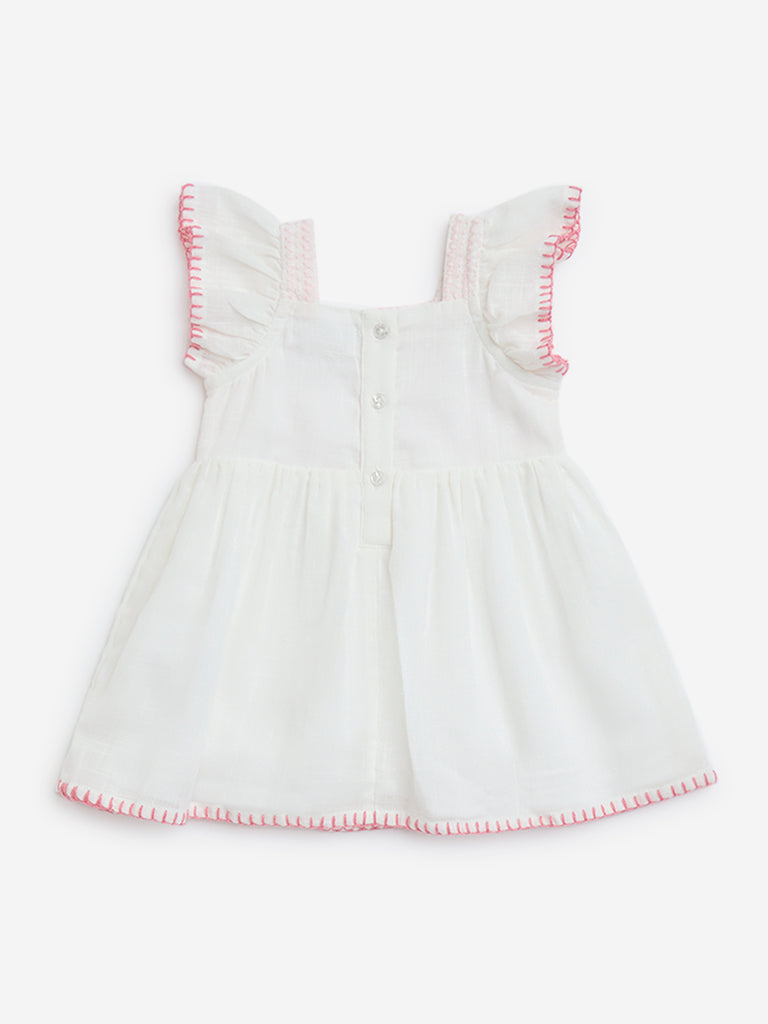 westisde HOP Baby Girls' White Embroidered Cotton A-Line Dress for Casual Wear Back View