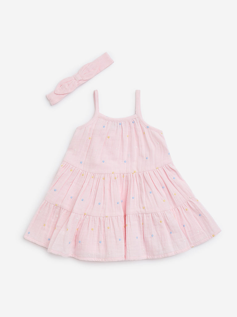 westisde HOP Baby Girls' Pink Embroidered Cotton A-Line Dress with Headband for Casual Wear Front View