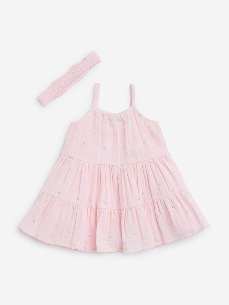 westisde HOP Baby Girls' Pink Embroidered Cotton A-Line Dress with Headband for Casual Wear Back View